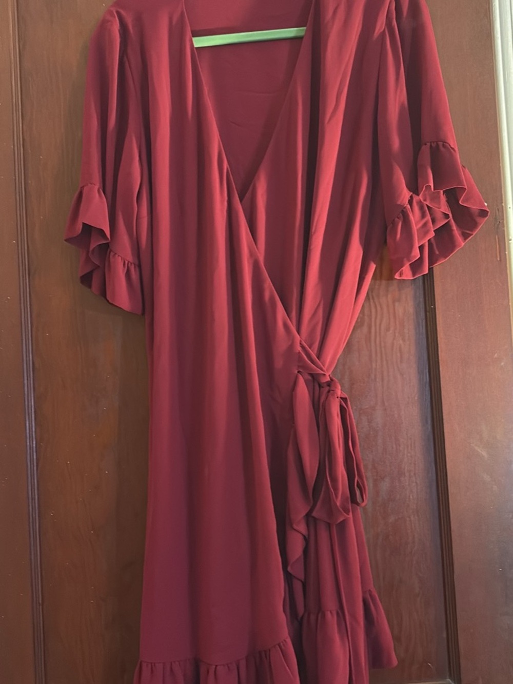 Gianni Bini Deep Burgundy Wrap Midi Dress with Ruffle Sleeves
